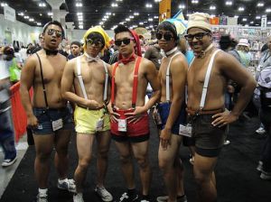 Men wearing shorts with suspenders